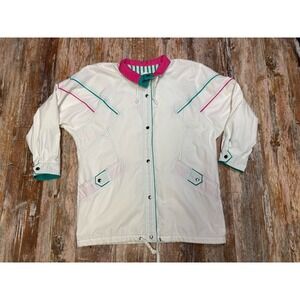 Vintage 90's New York Girl Snap Closure Jacket Size Large White Teal Pink Retro